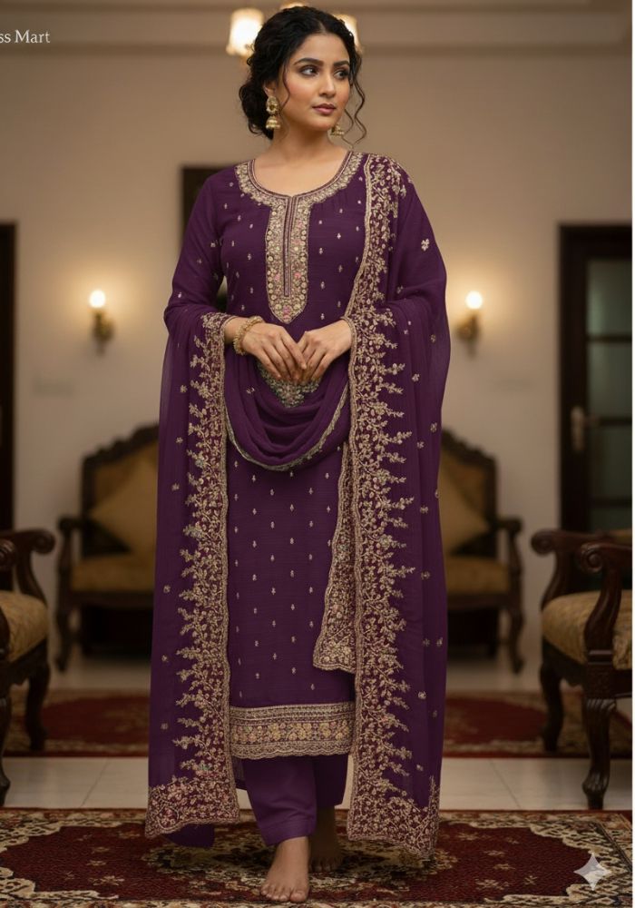 Luxury Embroidered Chiffon Suit with Organza Dupatta Magenta Color DHF