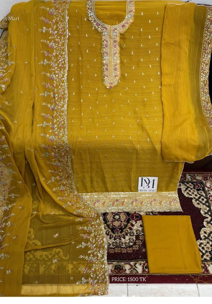 Luxury Embroidered Chiffon Suit with Organza Dupatta Yellow Color DHF - Image 2