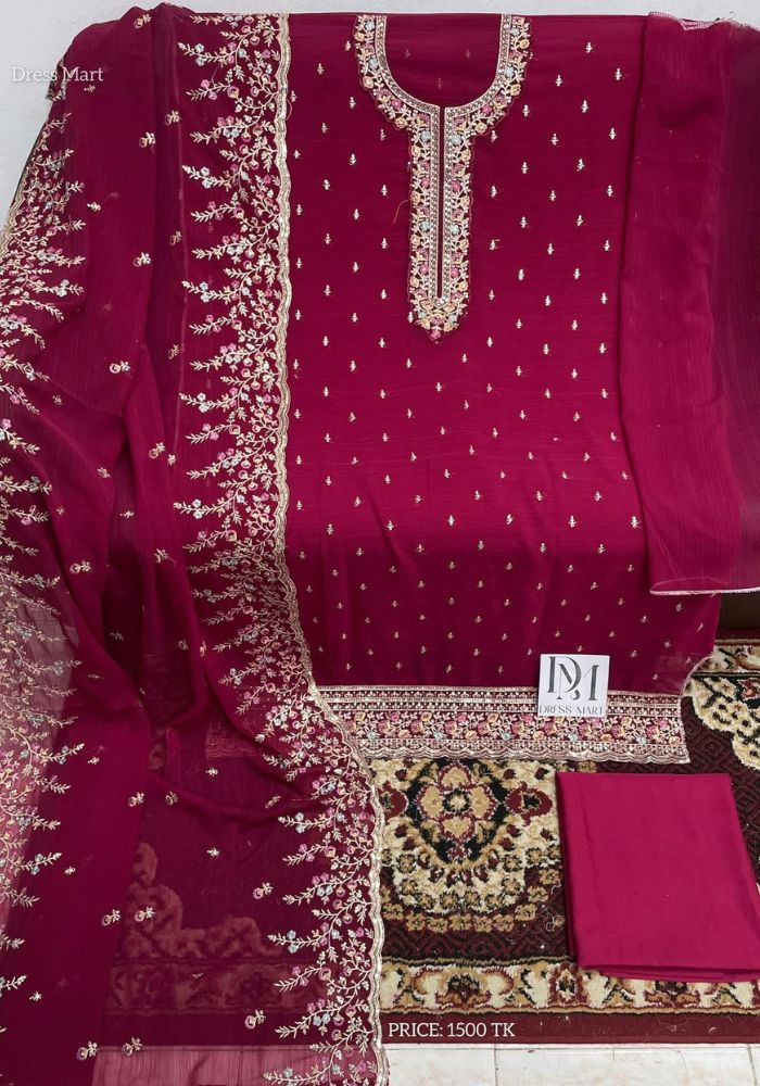 Luxury Embroidered Chiffon Suit with Organza Dupatta Maroon Colorv DHF - Image 2