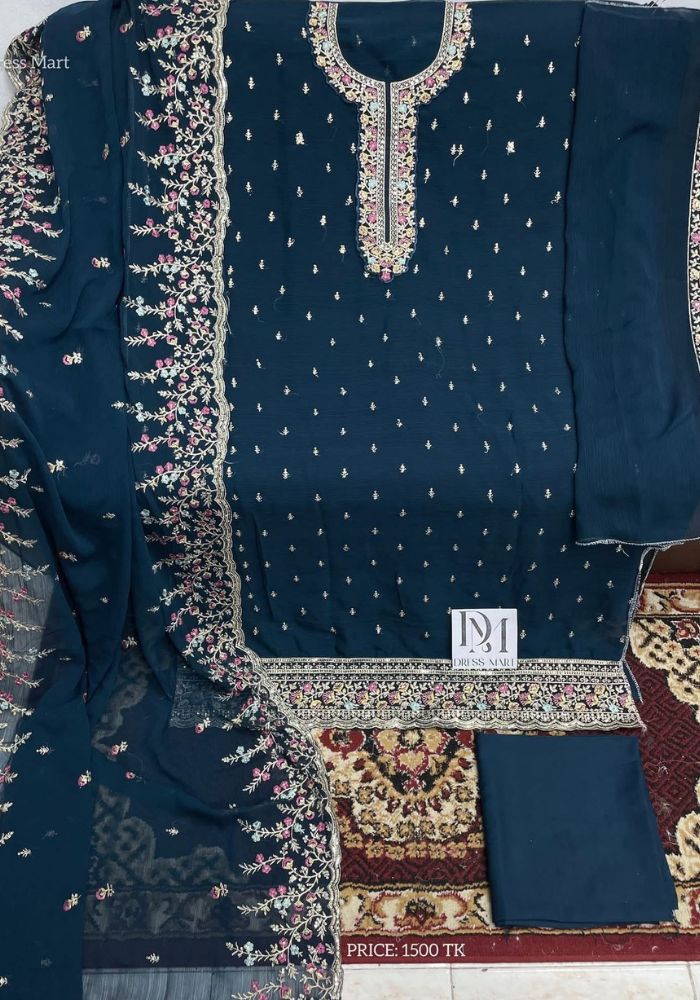 Luxury Embroidered Chiffon Suit with Organza Dupatta Ocean Blue Color DHF - Image 2