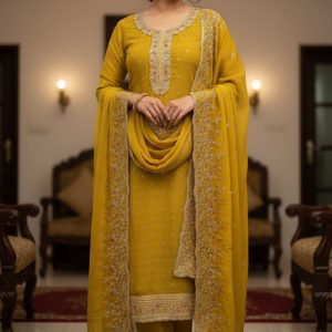 Luxury Embroidered Chiffon Suit with Organza Dupatta Yellow Color DHF