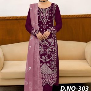 NOORS DESIGN DIGITAL PRINT EMBROIDERED CHINON SALWAR SUIT DHF D NO303 MAROON COLOR
