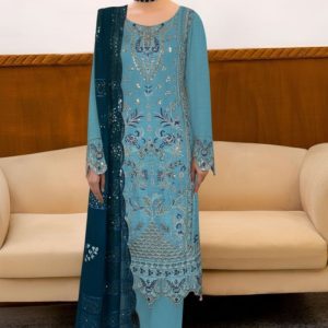 NOORS DESIGN DIGITAL PRINT EMBROIDERED CHINON SALWAR SUIT DHF D NO303 BLUE COLOR