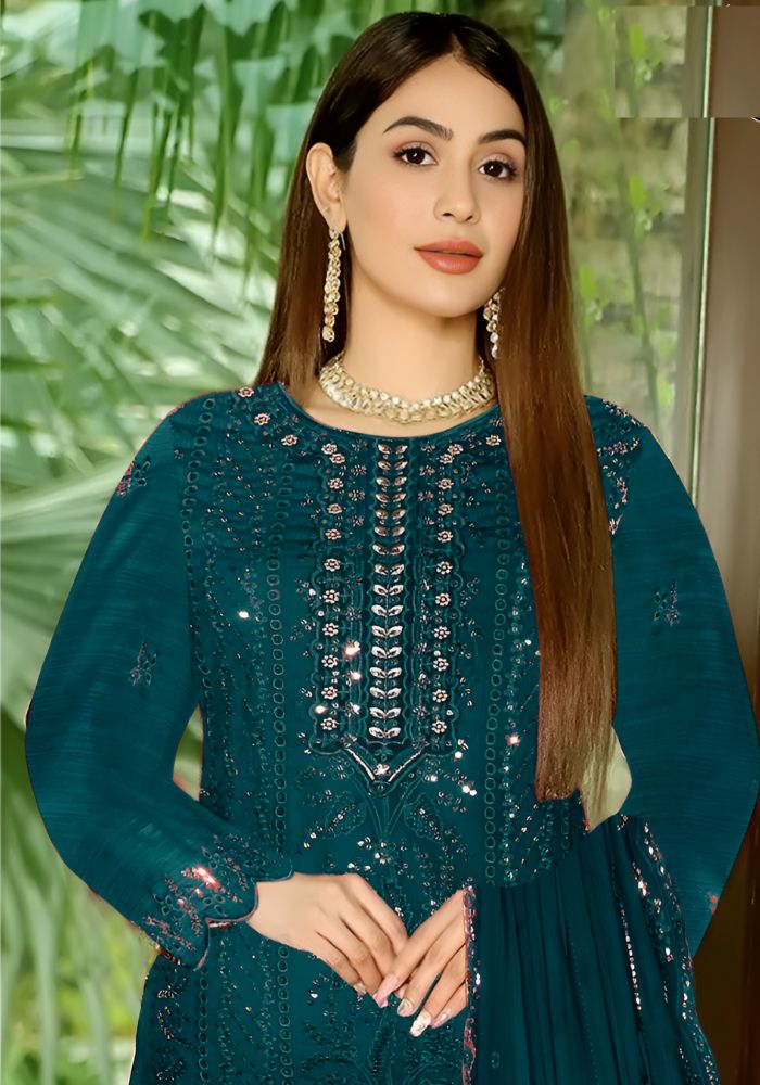 Heavy Embroydery Salwar Kameez Noor Style Bottle Green Three Pieces - Image 2