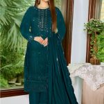 Heavy Embroydery Salwar Kameez Noor Style Bottle Green Three Pieces