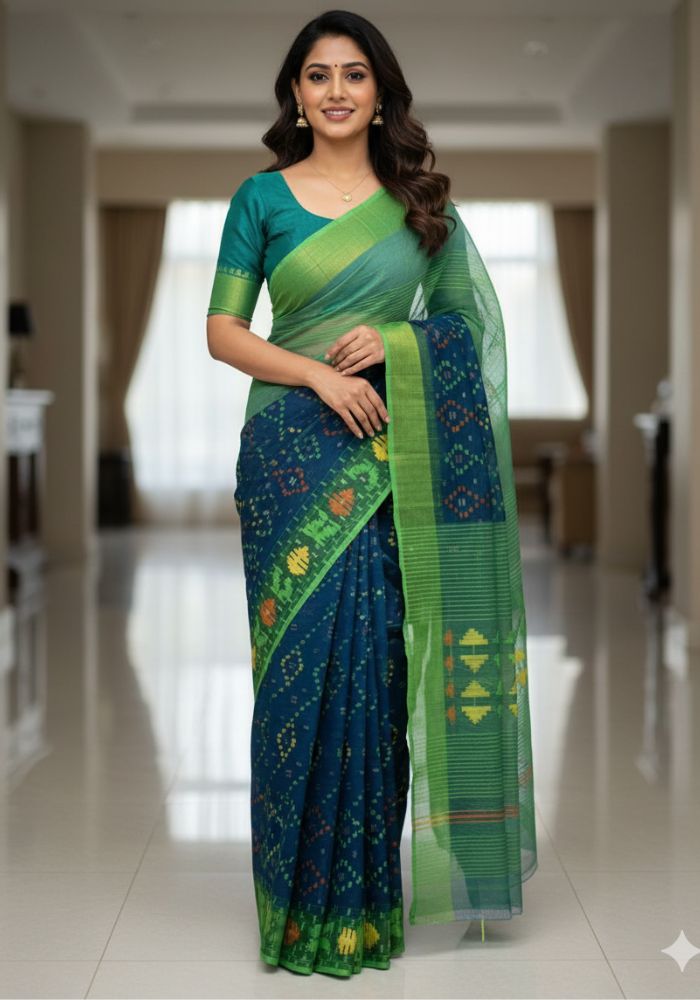 Original Dhakai Pure Cotton Jamdani Saree With Blouse Piece Blue Color DH 2