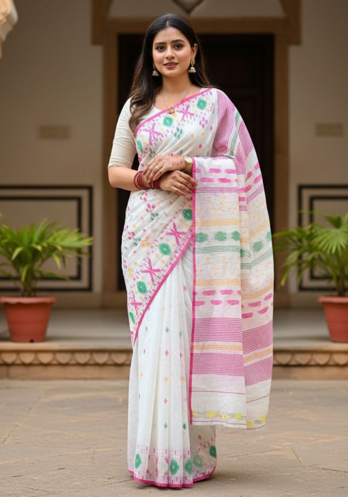 Original Dhakai Jamdani Sare Pure Cotton With Blouse Piece White Color DH 3