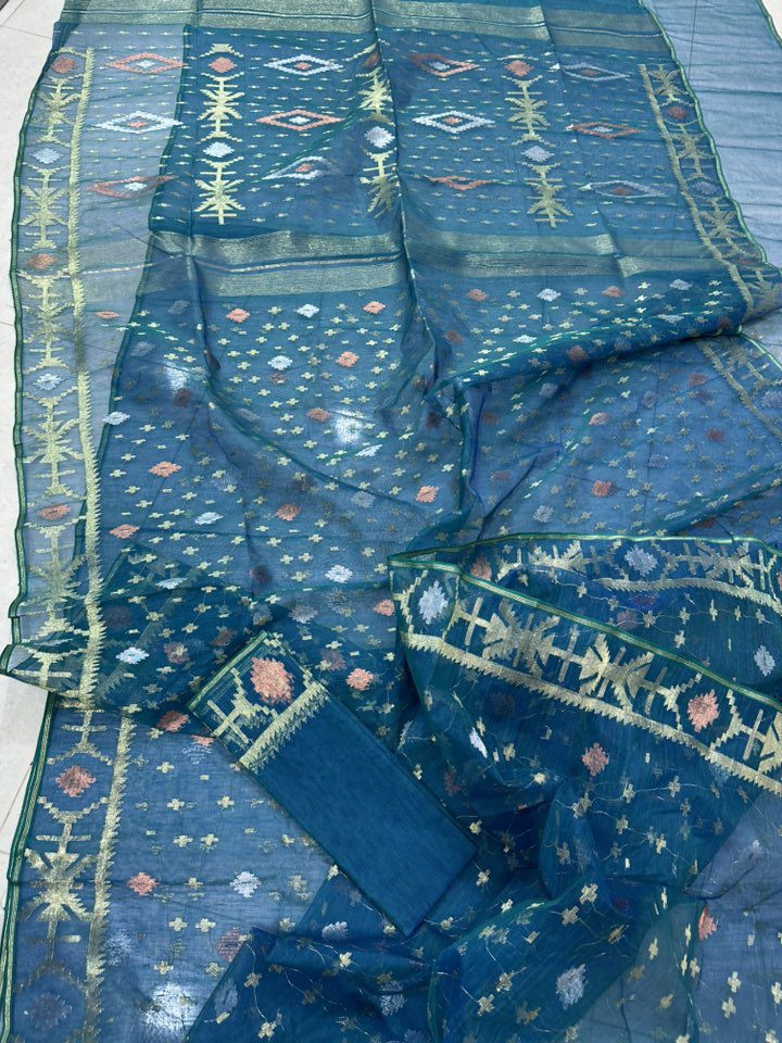 Original Dhakai Jamdani Sare Pure Cotton With Blouse Piece Blue Color DH 4 - Image 3