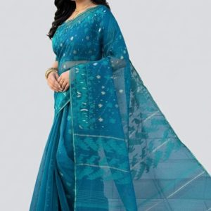Original Dhakai Jamdani Sare Pure Cotton With Blouse Piece Blue Color DH 4