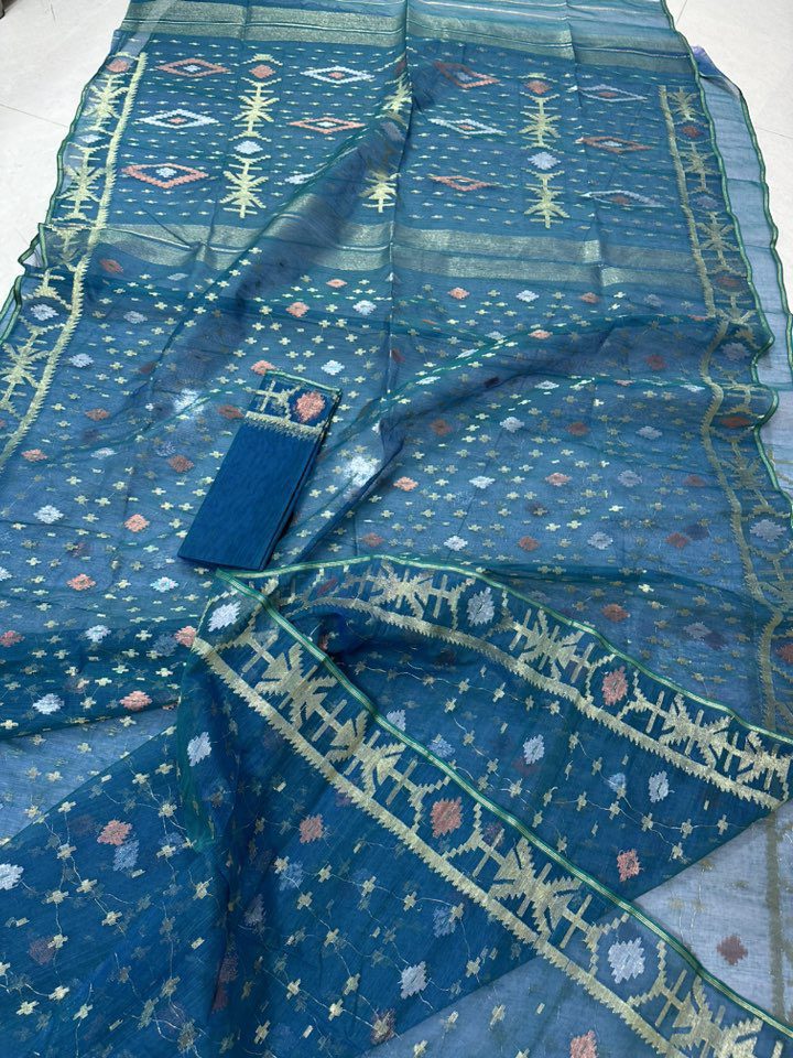 Original Dhakai Jamdani Sare Pure Cotton With Blouse Piece Blue Color DH 4 - Image 4