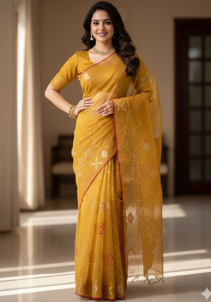 Original Dhakai Jamdani Sare Pure Cotton With Blouse Piece Brown Color DH 5