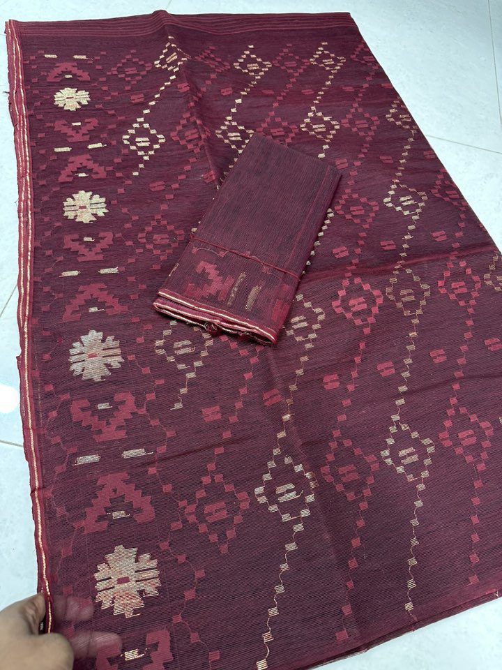 Original Dhakai Jamdani Sare Pure Cotton With Blouse Piece Coffee Color DH 8 - Image 2