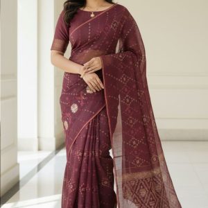 Original Dhakai Jamdani Sare Pure Cotton With Blouse Piece Coffee Color DH 8
