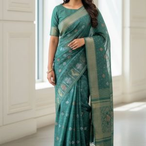 Original Dhakai Jamdani Sare Pure Cotton With Blouse Piece Moonstone Blue Color DH9