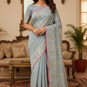 Original Dhakai Jamdani Saree Pure Cotton With Blouse Piece Ash Color DH13