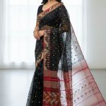 Original Dhakai Jamdani Saree Pure Cotton With Blouse Piece Black Color DH25