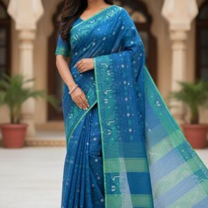 Original Dhakai Jamdani Saree Pure Cotton With Blouse Piece Blue Color DH15