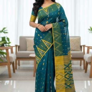 Original Dhakai Jamdani Saree Pure Cotton With Blouse Piece Green Color DH19
