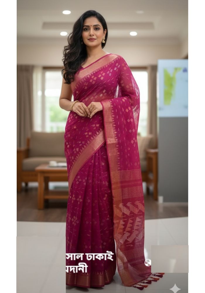 Original Dhakai Jamdani Saree Pure Cotton With Blouse Piece Maroon Color DH23