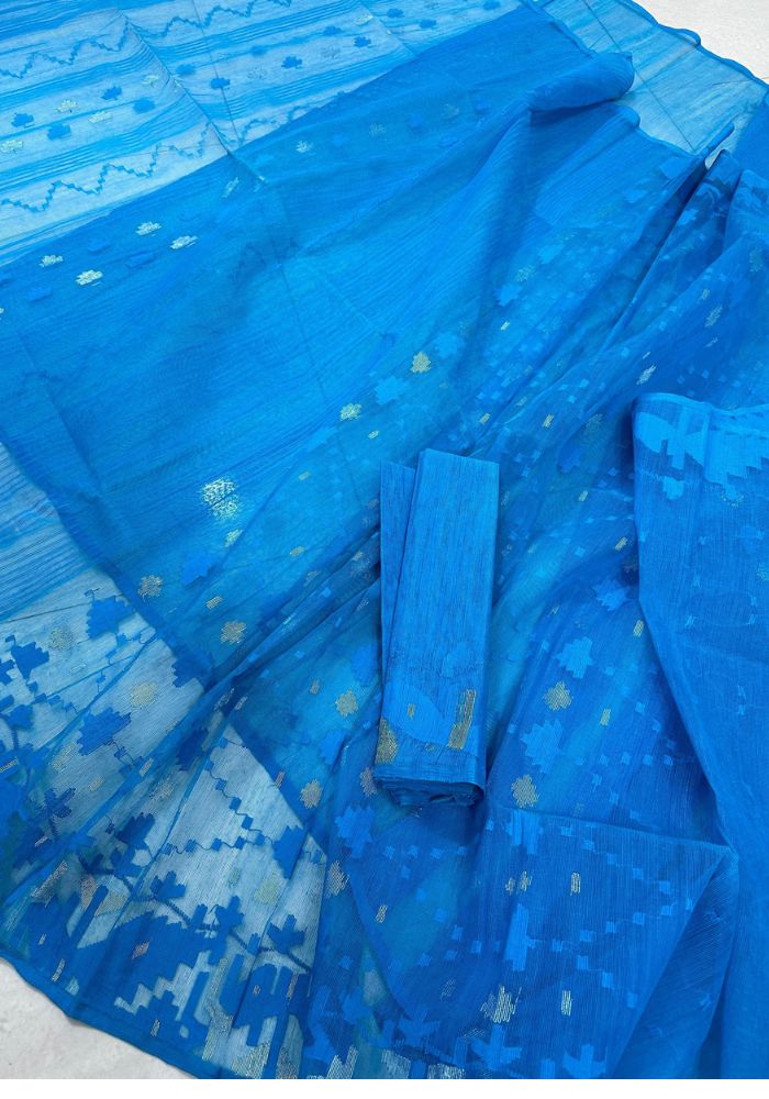Original Dhakai Jamdani Saree Pure Cotton With Blouse Piece Blue Color DH33 - Image 2