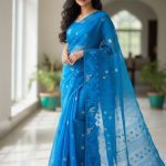 Original Dhakai Jamdani Saree Pure Cotton With Blouse Piece Blue Color DH33