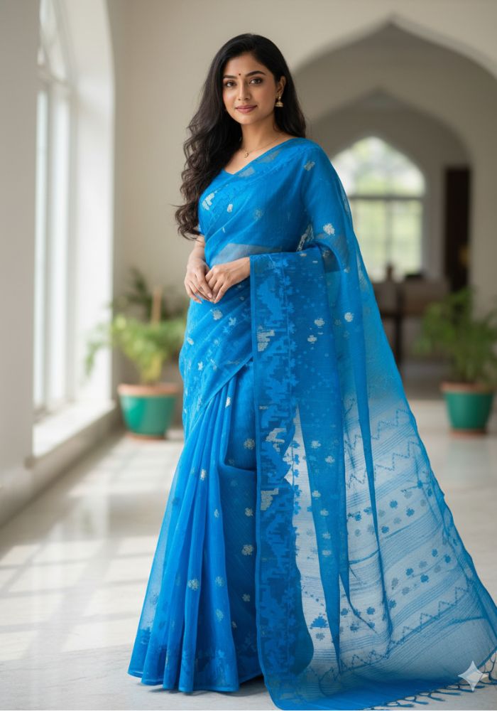Original Dhakai Jamdani Saree Pure Cotton With Blouse Piece Blue Color DH33