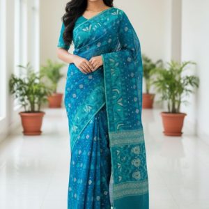 Original Dhakai Jamdani Saree Pure Cotton With Blouse Piece Ocean Blue Color DH34