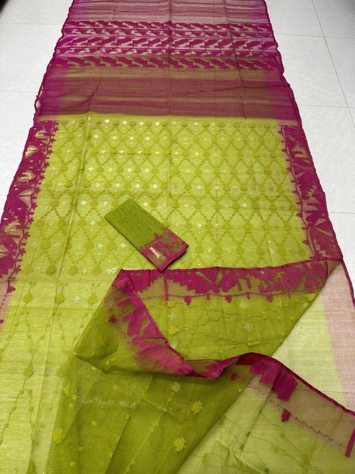 Original Dhakai Jamdani Saree Pure Cotton With Blouse Piece Green Color DH17 - Image 2