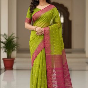 Original Dhakai Jamdani Saree Pure Cotton With Blouse Piece Green Color DH17