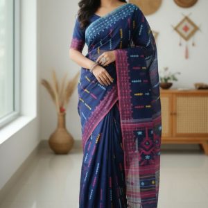 Original Dhakai Jamdani Saree Pure Cotton With Blous Piece Navi Blue Colore  DH21