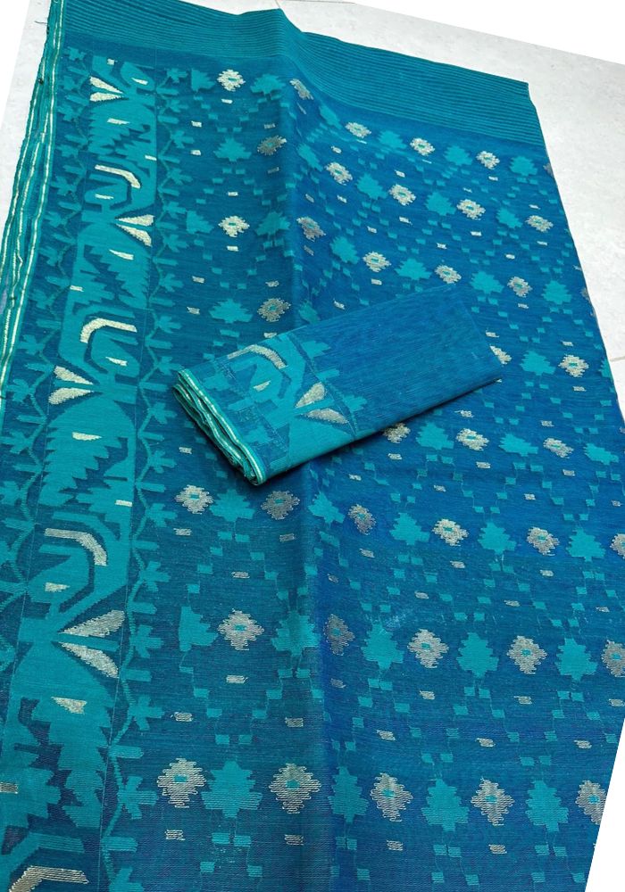 Original Dhakai Jamdani Saree Pure Cotton With Blouse Piece Ocean Blue Color DH31 - Image 2