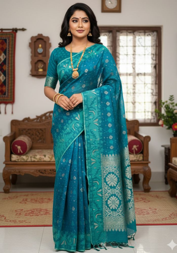 Original Dhakai Jamdani Saree Pure Cotton With Blouse Piece Ocean Blue Color DH31