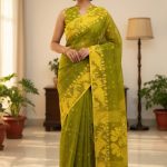 Original Dhakai Jamdani Saree Pure Cotton With Blouse Piece Oliv Green Color DH20