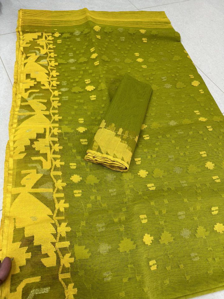 Original Dhakai Jamdani Saree Pure Cotton With Blouse Piece Oliv Green Color DH20 - Image 2