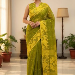 Original Dhakai Jamdani Saree Pure Cotton With Blouse Piece Oliv Green Color DH20