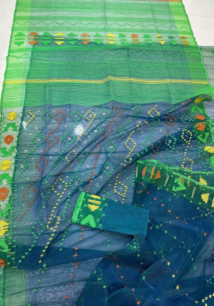 Original Dhakai Jamdani Saree Pure Cotton With Blouse Piece Blue Color DH26 - Image 2