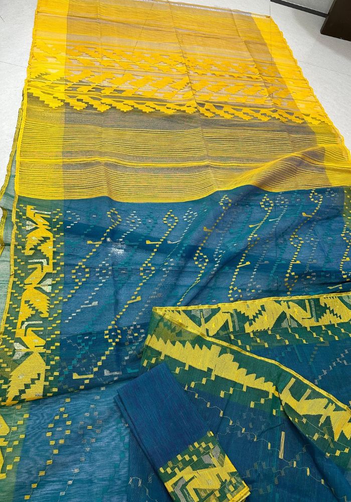 Original Dhakai Jamdani Saree Pure Cotton With Blouse Piece Ocean Blue Color DH28 - Image 2