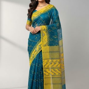 Original Dhakai Jamdani Saree Pure Cotton With Blouse Piece Ocean Blue Color DH28