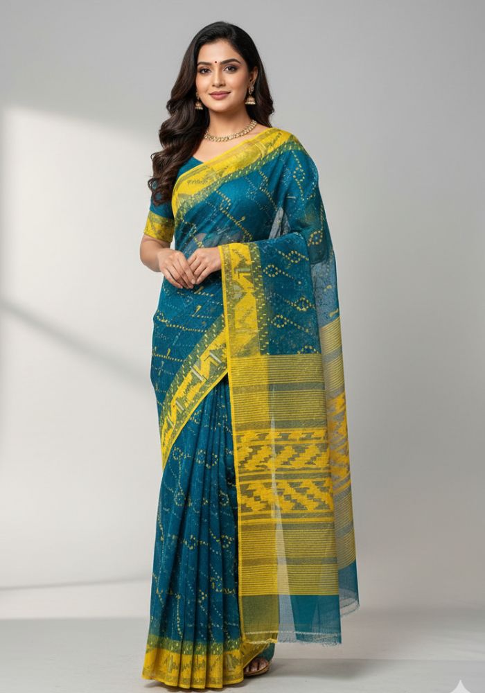 Original Dhakai Jamdani Saree Pure Cotton With Blouse Piece Ocean Blue Color DH28