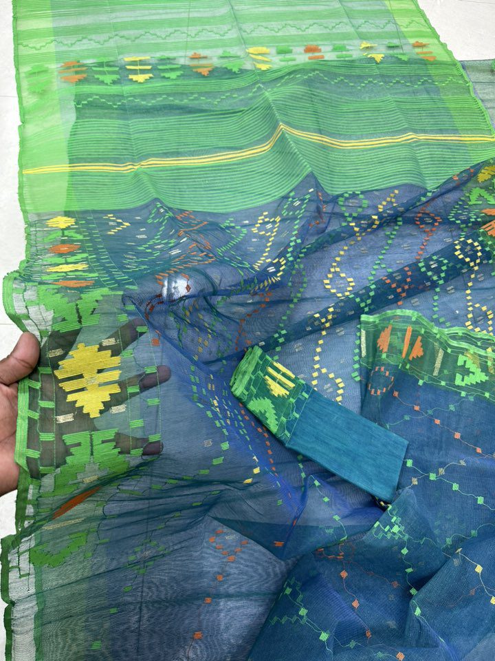 Original Dhakai Pure Cotton Jamdani Saree With Blouse Piece Blue Color DH 2 - Image 2