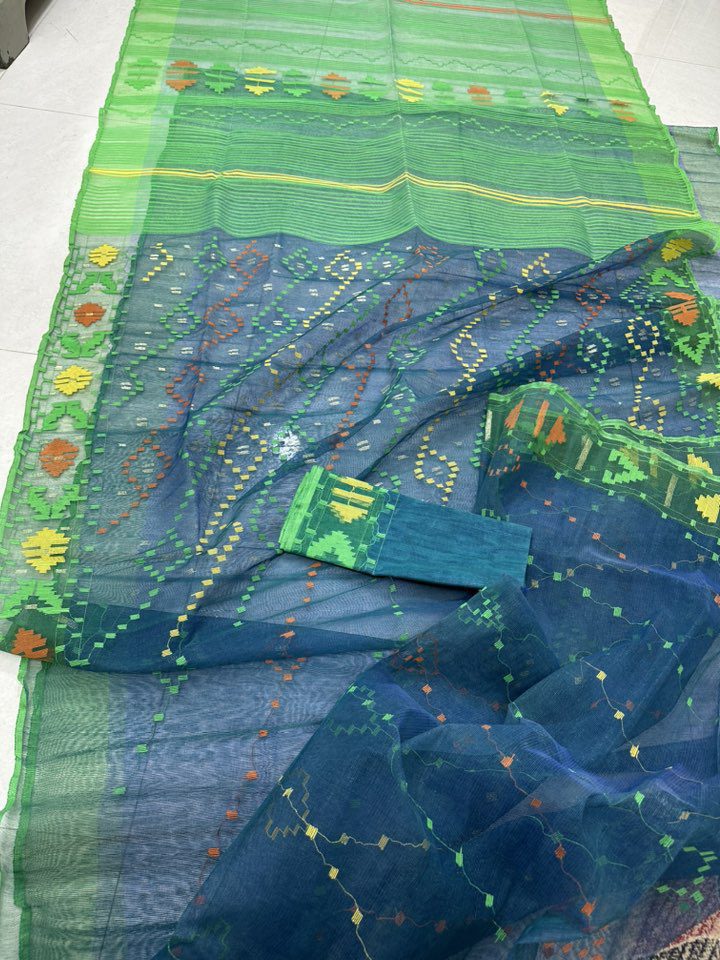 Original Dhakai Pure Cotton Jamdani Saree With Blouse Piece Blue Color DH 2 - Image 3