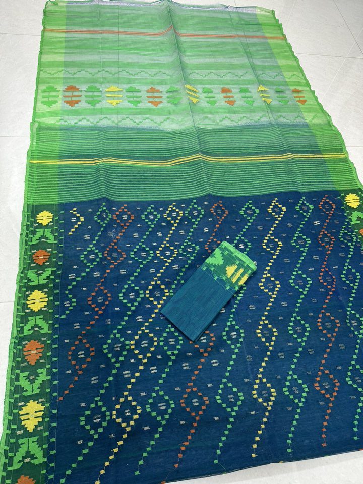 Original Dhakai Pure Cotton Jamdani Saree With Blouse Piece Blue Color DH 2 - Image 4