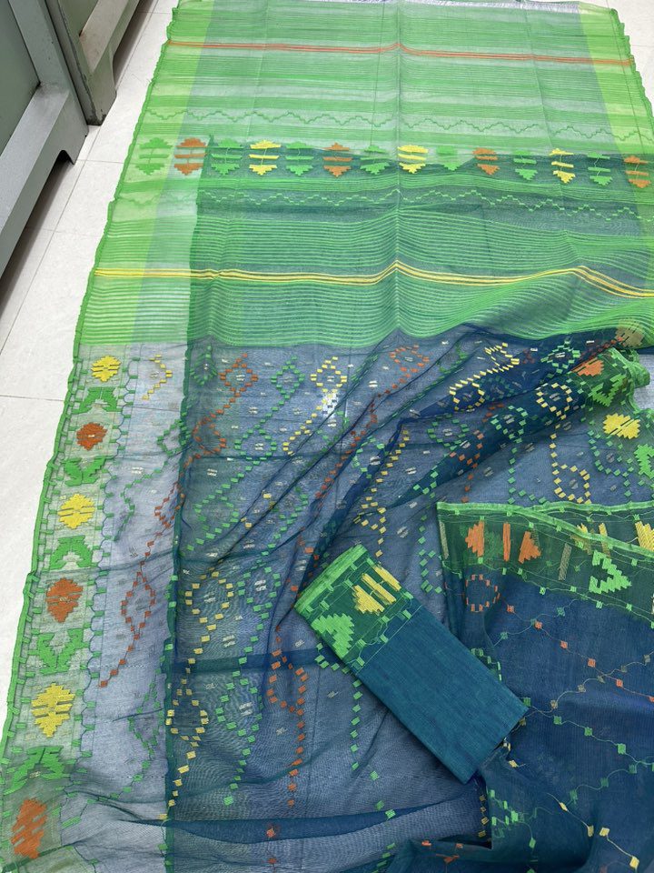 Original Dhakai Pure Cotton Jamdani Saree With Blouse Piece Blue Color DH 2 - Image 5