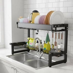 Over The Sink Dish Drying Rack 2 Tier Space-Saving Carbon Steel Kitchen Organizer