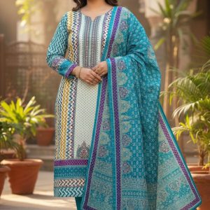 Unstitch Premium Cotton Ganga Mirror Work Three-Piece Blue Color