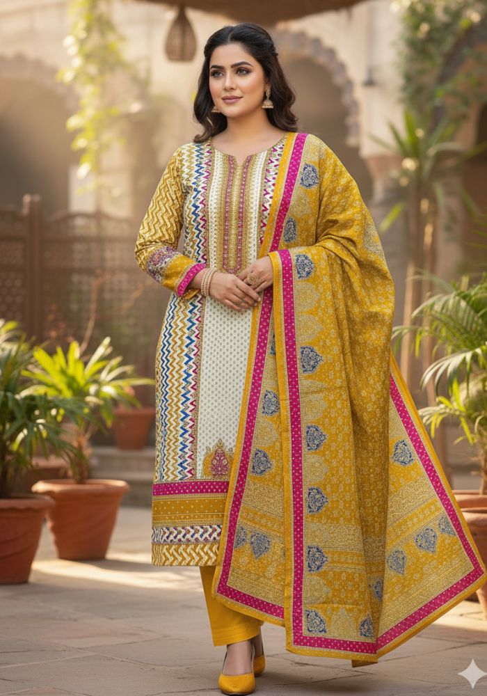 Unstitch Premium Cotton Ganga Mirror Work Three-Piece Yellow Color