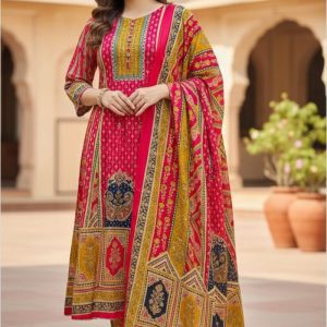 Unstitch Premium Cotton Lahori Mirror Work Three-Piece Red Color