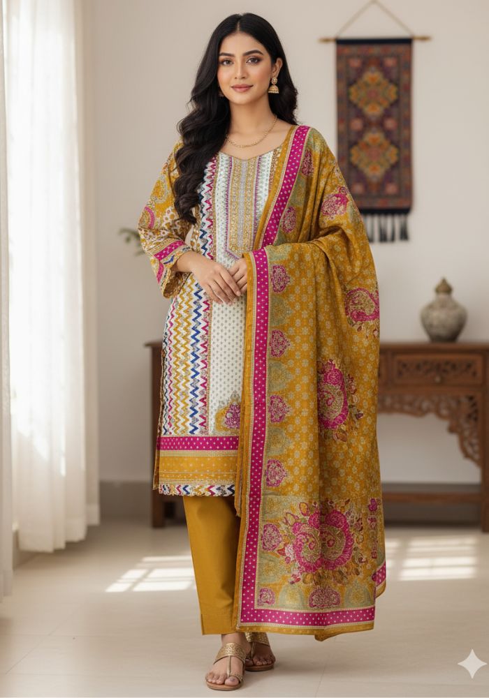 Unstitch Premium Cotton Ganga Mirror Work Three-Piece Yellow Color - Image 2