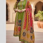 Unstitch Premium Cotton Lahori Mirror Work Three-Piece Green Color