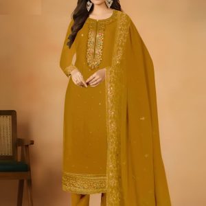 Embroidered Georgette Ceremonial Salwar Kameez Yellow Color
